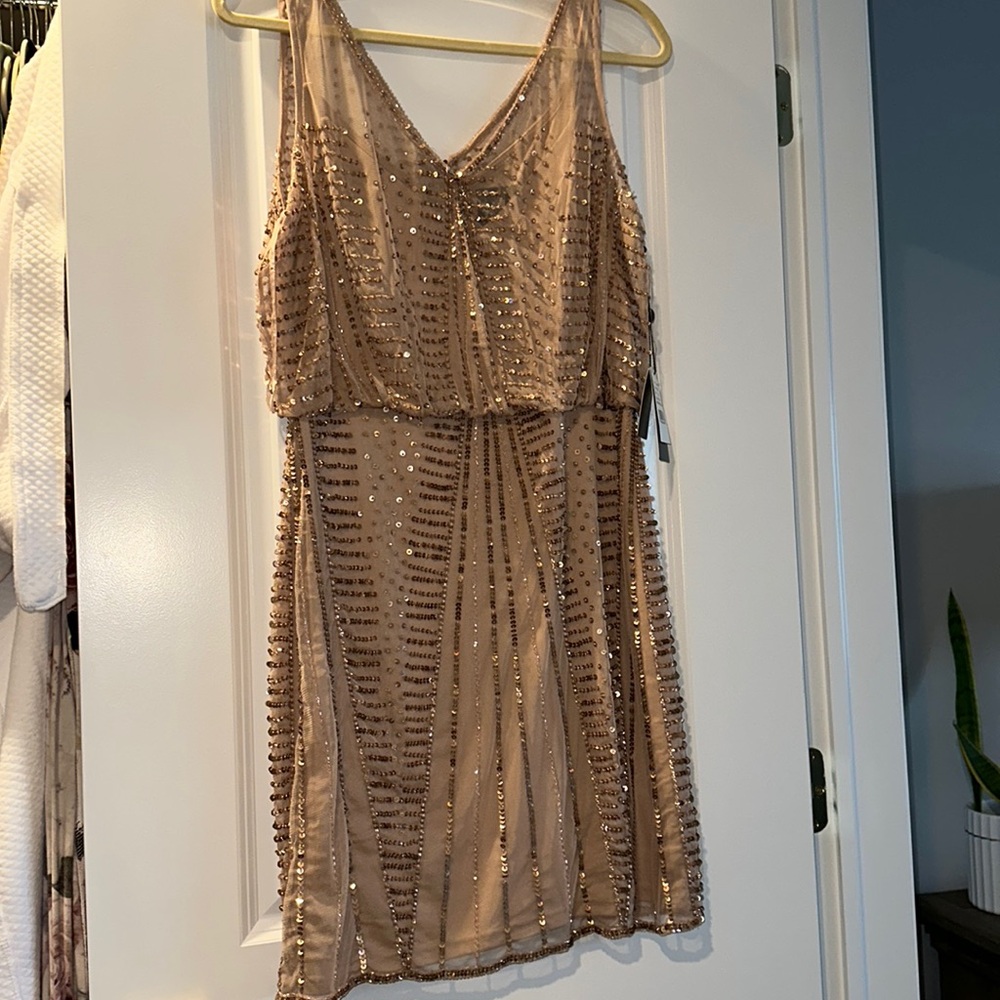 Adrianna Papell beaded rose gold cocktail dress. NWT